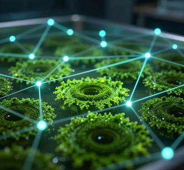 Close-up of a photobioreactor with sensors monitoring algae growth under soft natural light.