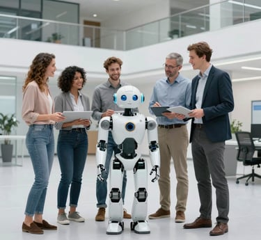 A warm, collaborative team meeting where AI concepts and human interaction blend seamlessly.