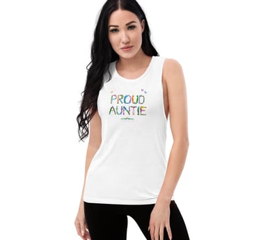 An adult tank top with the words Proud Auntie printed on in tropical exotic wordart