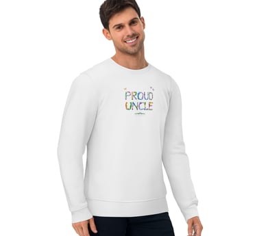 An adult sweatshirt with the words Proud Uncle printed on in tropical exotic wordart