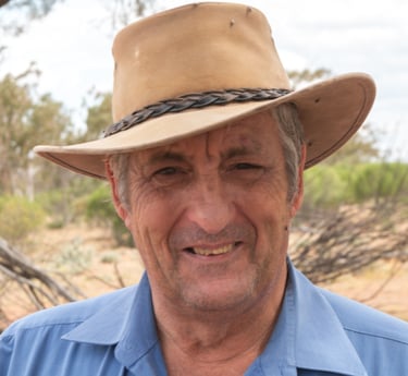 Portrait of Peter Frazer at Cunnamulla, bush poet. Also on the back cover "Beyond the Boundary Gate"