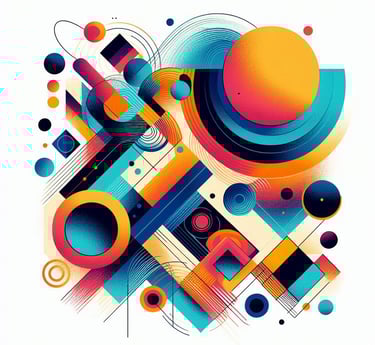 a colorful abstract art piece with a bright orange and blue background