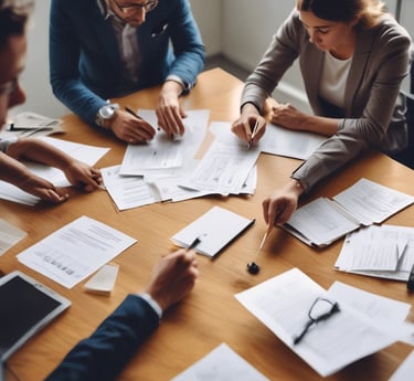 A white water tower with the text 'Burns & Wilcox' is prominently displayed against a clear blue sky. The tower is surrounded by tree branches with budding leaves, and an American flag is mounted on the tower.