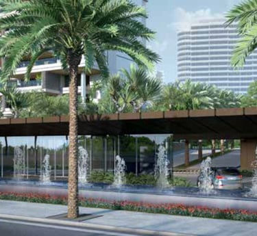 Portaria do Bairro Golden Lake com chafarizes e palmeiras em sua frente