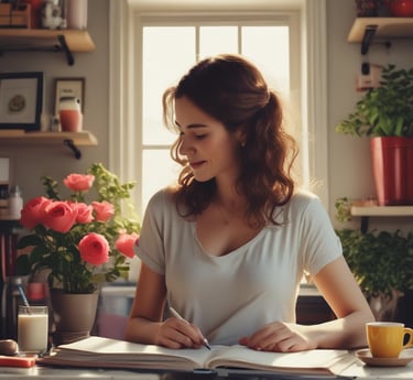 A cozy workspace with a journal, a cup of tea, and soft natural light.