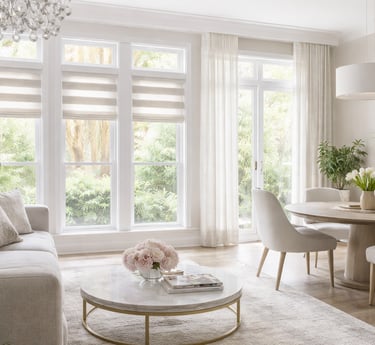 Modern interior design in Miami featuring custom curtains and natural light