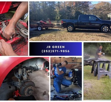 Collage of various jobs including painting a car, fixing car brakes, and fixing a mower deck.
