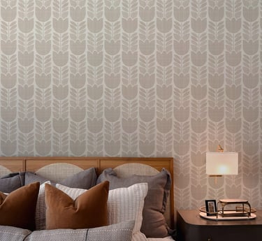 Soft beige modern geometric tulip stripe wallpaper in bedroom — The Wallpaper Edit 