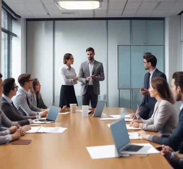 A diverse team of consultants working collaboratively in a modern office.