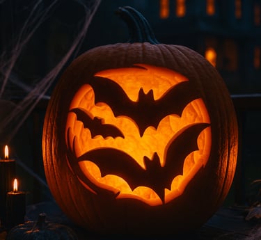 A glowing carved pumpkin featuring multiple flying bat silhouettes, placed on a wooden table with sp