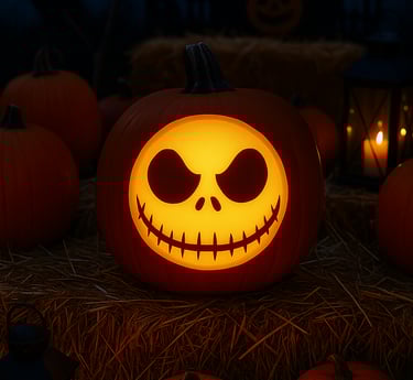 A carved pumpkin glowing with the iconic Jack Skellington face from “The Nightmare Before Christmas,