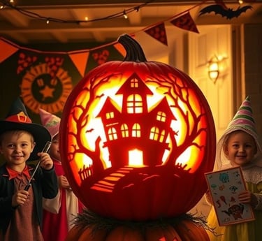 A large carved pumpkin displaying a haunted house design, glowing brightly with children in costumes