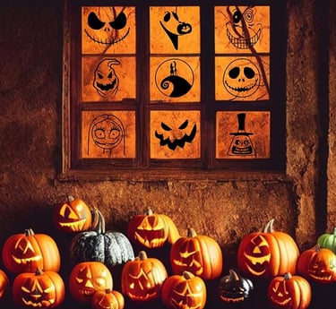 Halloween display featuring a row of glowing carved pumpkins on the ground in front of a rustic wind