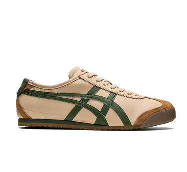 Onitsuka Tiger Mexico 66 sneaker in cream leather with green stripes and tan suede accents, classic 