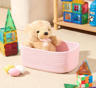 cute pink woven storage baskets.