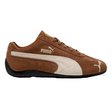 Brown Puma Speedcat suede sneaker with cream stripe, slim and stylish for minimalist fall outfits.