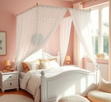 Kids’ bedroom with soft blush pink walls, white wooden bed frame, and crisp white furniture, styled 