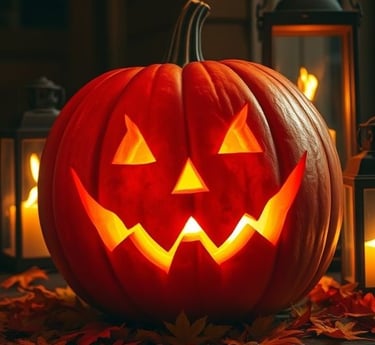 A traditional jack-o’-lantern with a glowing spooky face, triangular eyes, and sharp smile, surround