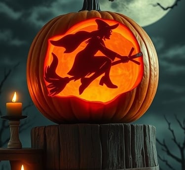 A carved pumpkin with the silhouette of a witch flying on a broomstick against a glowing full moon b