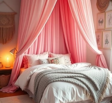 Children’s bedroom featuring a tall pink canopy bed with blush bedding, tassel pillows, and layered 
