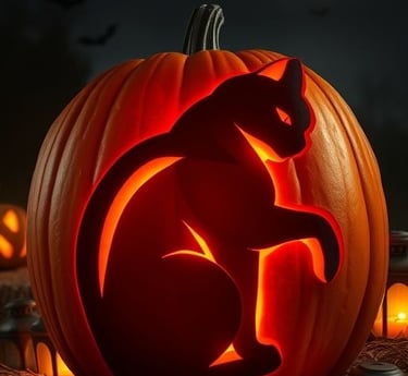 A glowing jack-o’-lantern carved with a silhouette of a sitting black cat, surrounded by lanterns an