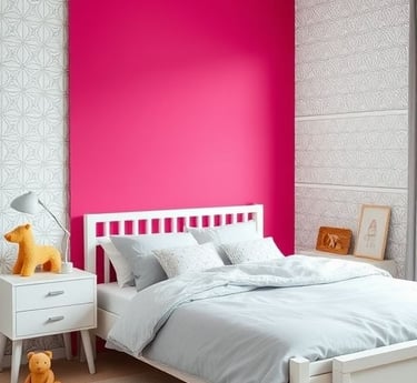 Kids’ bedroom with a bold pink accent wall featuring geometric wallpaper, white furniture, and playf