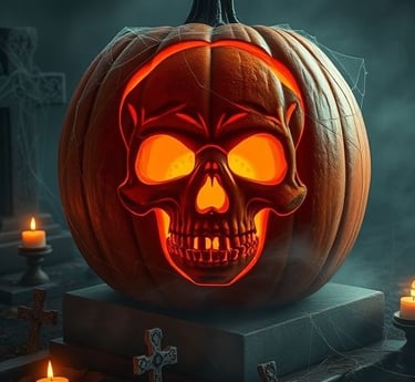 A detailed carved pumpkin featuring a glowing skull design, placed in a cemetery setting with tombst