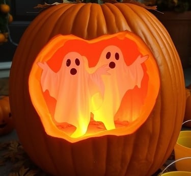 A carved pumpkin featuring two glowing ghost figures, placed on a doorstep with autumn leaves and tr