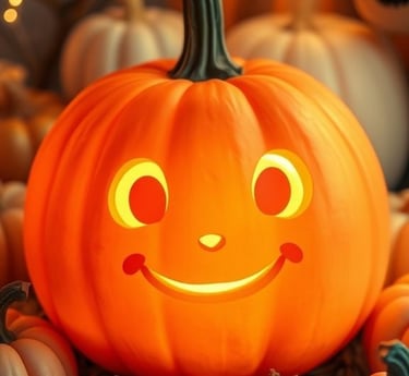 A cheerful jack-o’-lantern with a smiling cartoon-style face, surrounded by decorative pumpkins and