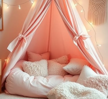 Kids’ play corner with a blush pink teepee tent, fluffy beanbag chair, blush pillows, and a woven ru