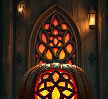 A pumpkin carved with an intricate geometric stained-glass style pattern, glowing in front of a goth