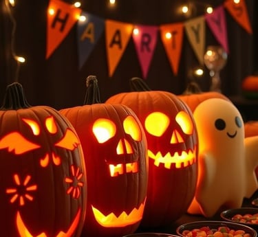 A group of carved pumpkins with different spooky faces glowing at a Halloween party, surrounded by c