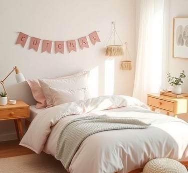 Modern kids’ bedroom combining blush pink bedding with beige, cream, and soft gray décor, featuring 