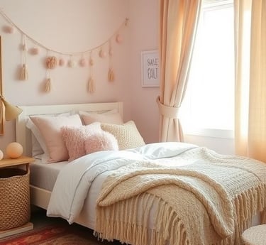 Child’s bedroom decorated with blush pink boho textiles, including a patterned rug, pom-pom pillows,
