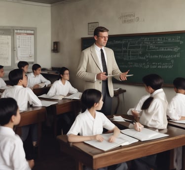 A person stands facing a chalkboard filled with mathematical equations, in a dimly lit classroom. Overhead, a fluorescent light illuminates the room, casting soft shadows. The person appears to be writing on the board, dressed casually in pants and a long-sleeved shirt.