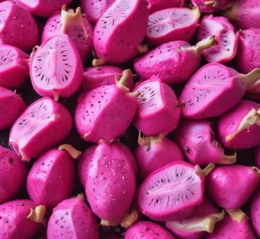 Three large durian fruits hanging from the branch of a tree surrounded by dense foliage. The scene is set in a lush, green environment with many leaves and branches forming a canopy overhead.