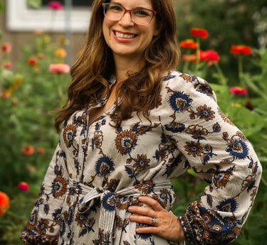 Julie Picchiotti Smiling in Front of Her Cut Flower Garden