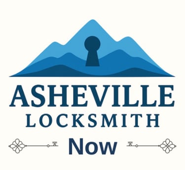 Blue Ridge Mountains logo with key integrated into the mountain design, ' Asheville Locksmith Now' text below, between keys