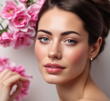 Various beauty and skincare products are neatly arranged on a white dressing table with a round mirror. The assortment includes perfumes, creams, and boxes, some with recognizable labels. Next to the mirror, a book sits with a decorative item resembling cotton branches in the background.