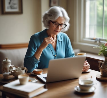 A cozy workspace with a laptop open to a blog page, surrounded by notes and a cup of coffee.