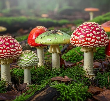 a group of mushrooms and toad toads on a mossel