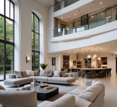 A well-organized home office with a white desk and chair, an ergonomic black chair on wheels, and a computer monitor and laptop. A tote bag hangs from the black chair. The desk is positioned against a wall with multiple wall-mounted shelves filled with books, files, and decorative items. To the right, there's a window with blinds partially open, letting in sunlight, and a wooden cabinet with a coffee machine and a framed poster. The wooden flooring and minimalistic decor create a warm and inviting atmosphere.