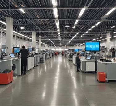 A modern electronics manufacturing facility featuring a large machine with a computer monitor attached. The machine is labeled NX-350 and appears to be part of a production line. There are tables and chairs lined up, with various equipment and components scattered across the surfaces. The setting is well-lit, and the environment is tidy and organized, with a visible air filtering system installed above.