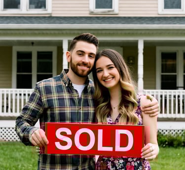 a man and woman standing in front of a sold sign after selling home for cash to SellingPoint Homes!