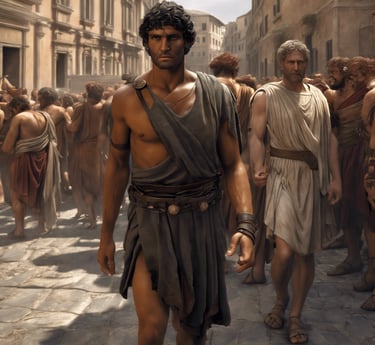 un esclave romain marche dans une rue de Rome avec son maître
