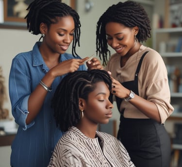 A serene salon environment with a stylist working on a client's locs.