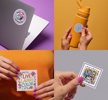 4 Sticker Designs Placed on a laptop and a water bottle and being held by a woman's hands