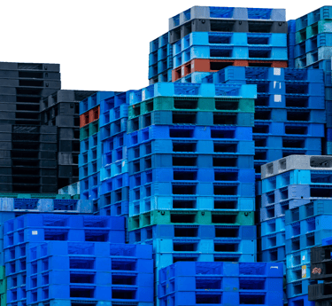 a bunch of plastic pallets crates of blue crates with a clock on them
