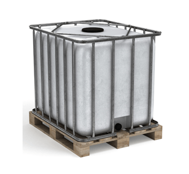 a large plastic container tank with a metal chasis frame and a metal frame