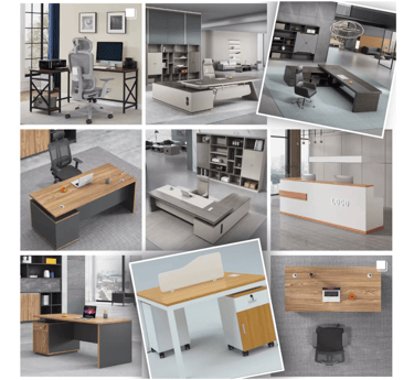 a collage of a variety of office furniture